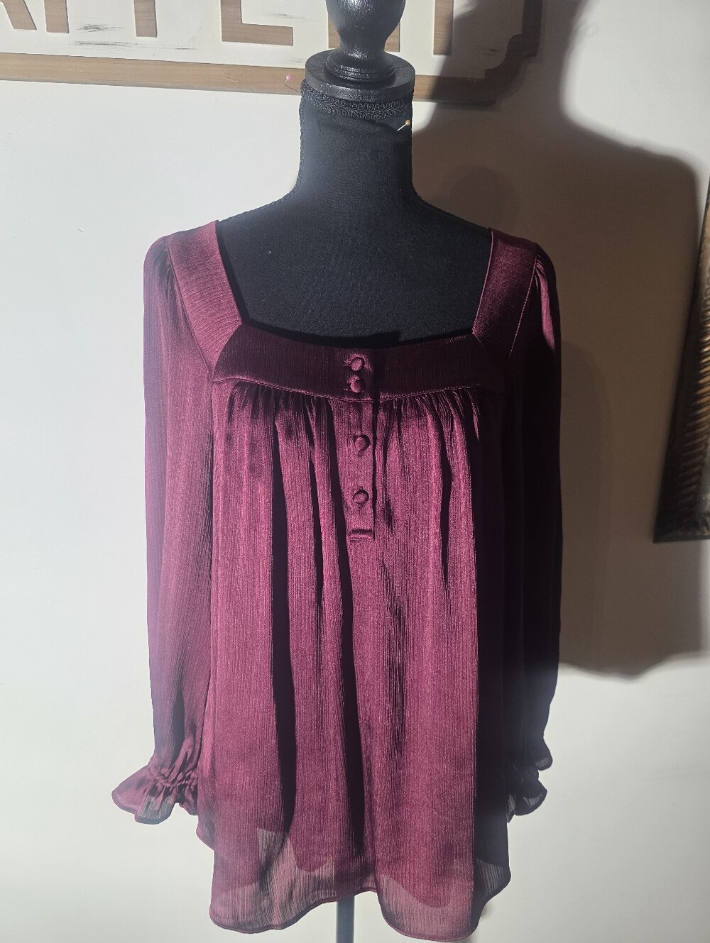 Lauren Conrad Women's Square-Neck Burgundy Blouse (Size M)